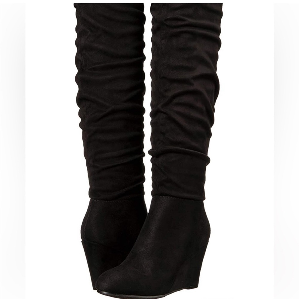 BNWOB CHINESE LAUNDRY “LARISSA” OTK SUEDE WEDGE BOOTS BLACK  SIZE 8. RUN SMALL